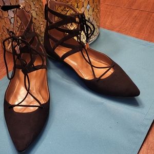 Aquazzura Belgravia Black Suede Lace Up Flats Pointed Toe Gold 38 Gladiator